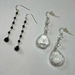 Bundle of two long beaded fashion dangle earrings clear and black beads